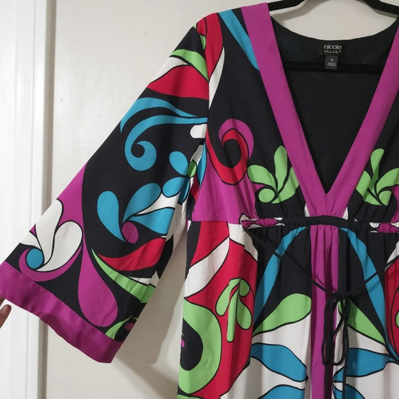 NICOLE MILLER 3/4 Sleeves Vibrant Colorful Retro Boho Dress with Waist Tie, 14 - Picture 4 of 15